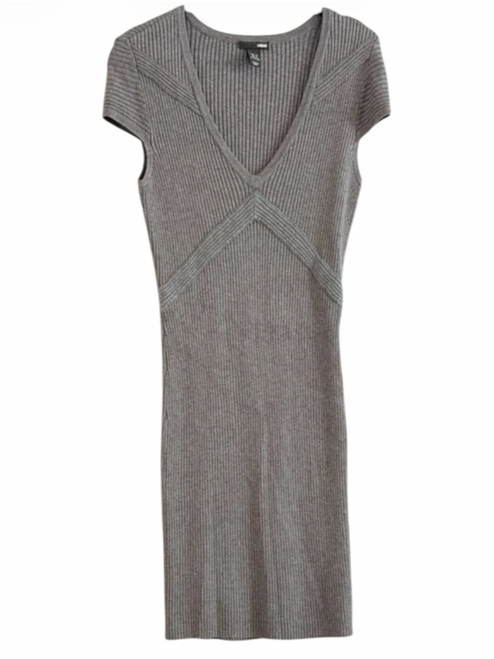 H&M Gray Ribbed Knit V-Neck Midi Dress Cap Sleeve Size M
